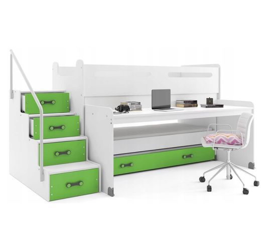 Lit Enfant Avec Bureau Max 1 Avec 3 Couchages 200x80, 190x80, 180x80 En Blanc+vert