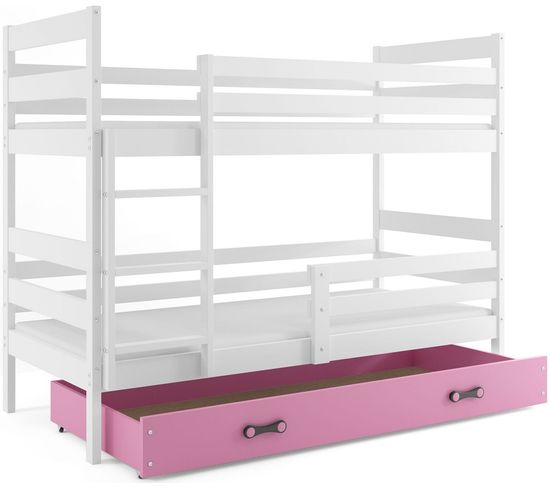 Lit Superposé Eryk 200x90 Avec Matelas Sommiers Et Tiroir En Blanc+rose