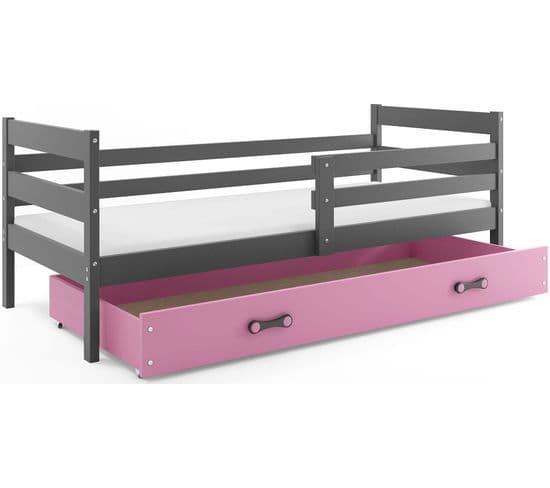 Lit Enfant Eryk 190x90 Avec Sommier, Matelas Et Tiroir En Gris+rose