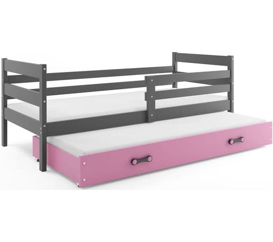 Lit Gigogne Eryk 190x80 Avec Sommiers Et Matelas En Gris+rose