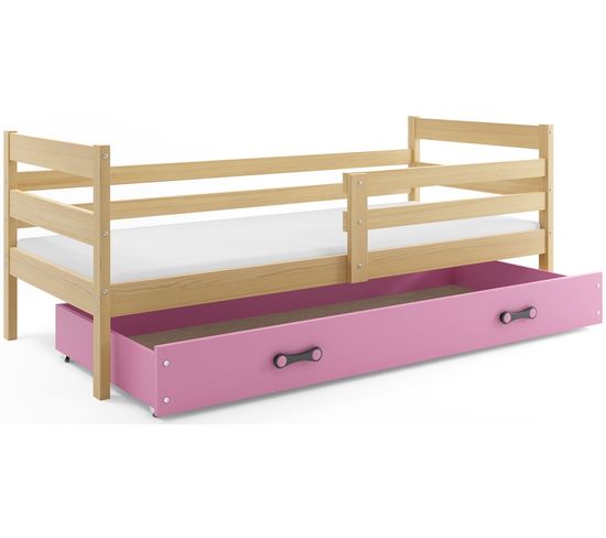 Lit Enfant Eryk 190x80 Avec Sommier, Matelas Et Tiroir En Pin+rose