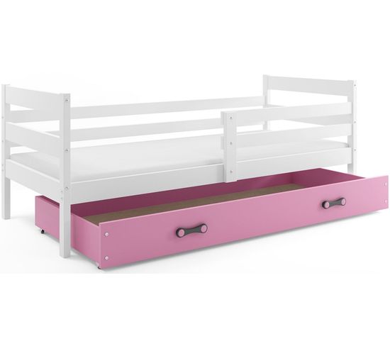 Lit Enfant Eryk 200x90 Avec Sommier, Matelas Et Tiroir En Blanc+rose