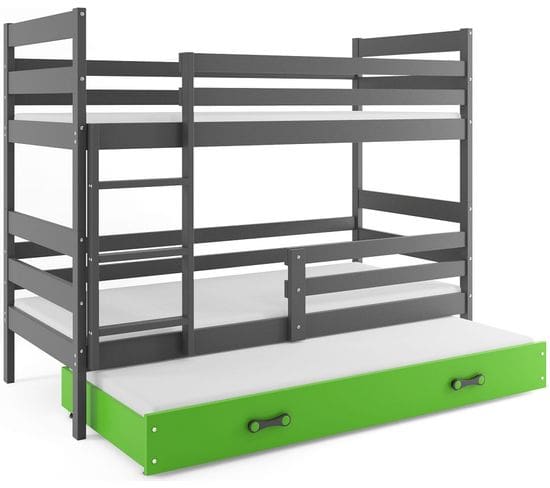 Lit Superposé Eryk 3 Places En 190x90 Avec Matelas Et Sommiers En Gris+vert