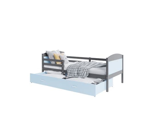 Lit Gigogne Mateo 90x190 Gris - Bleu Livré Avec Sommiers, Tiroir Et Matelas En Mousse De 7cm