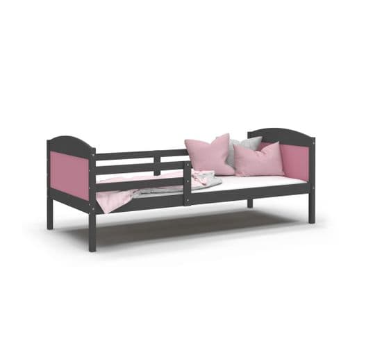 Lit Enfant Mati 90x190 Gris - Rose Livré Avec Sommiers