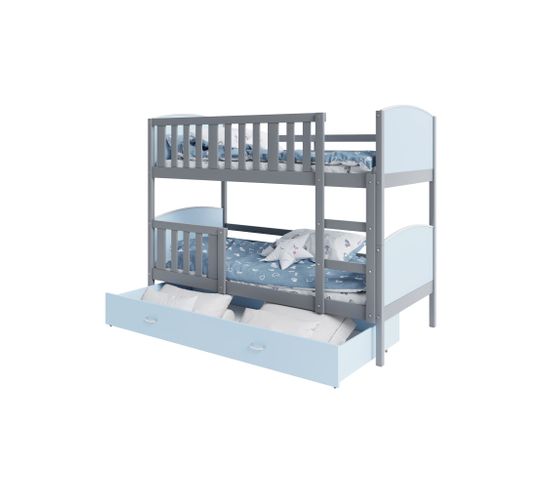 Lit Superposé Tomy 90x190 Gris - Bleu Livré Avec Sommiers, Tiroir Et Matelas En Mousse De 7cm