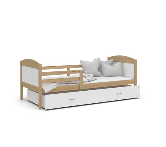 Lit Enfant Mateo 90x190 Pin - Blanc Livré Avec Sommiers, Tiroir Et Matelas En Mousse De 7cm