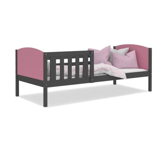 Lit Enfant Tom 90x190 Gris - Rose Livré Avec Sommiers