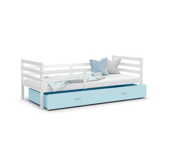 Lit Enfant Milo 90x190 Blanc - Bleu Livré Avec Sommiers, Tiroir Et Matelas En Mousse De 7cm