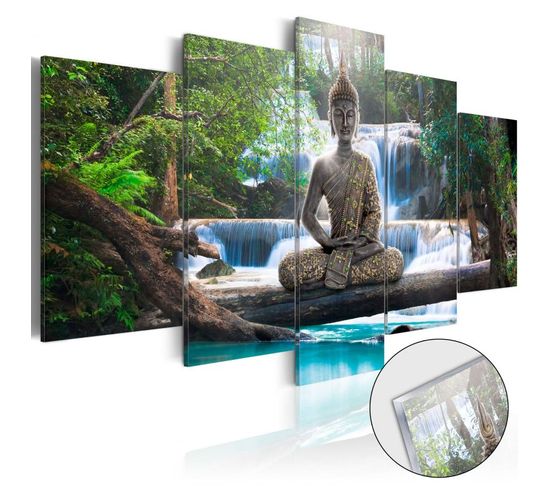 Tableau Sur Verre Acrylique "buddha et Waterfall" 50 X 100 Cm