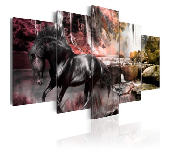Tableau "cheval Noir Sur Fond De Ciel Cramoisi" 50 X 100 Cm