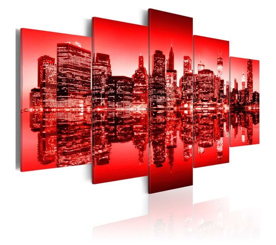 Tableau 5 Panneaux "lumière Rouge Au Dessus De New York" 50 X 100 Cm