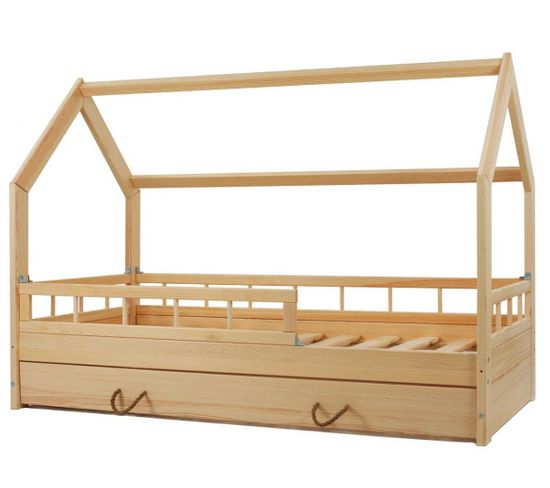 Lit Scandinave, Lit Maison 160x80cm + Tiroir Et Barrières Bois Naturel