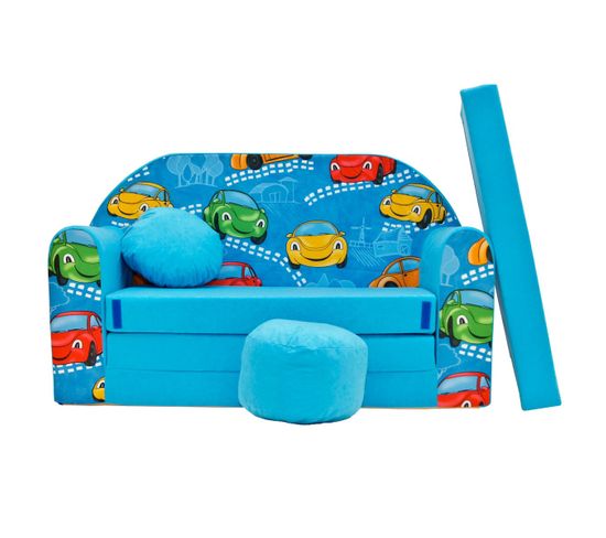 Nino Canapé Convertible Lit Pour Enfant Avec Pouf Et Coussin Oeko-tex       Voitures Bleu