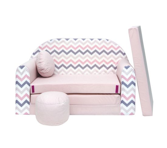 Nino Canapé Convertible Lit Pour Enfant Avec Pouf Et Coussin Oeko-tex       Rose Avec Zigzag