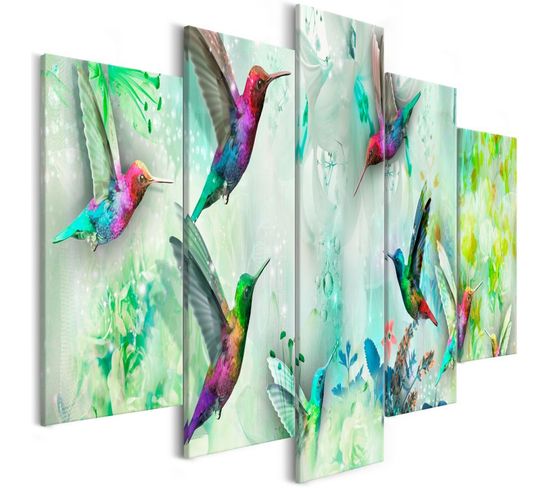 Tableau 5 Panneaux "colourful Hummingbirds Wide Green" 50 X 100 Cm