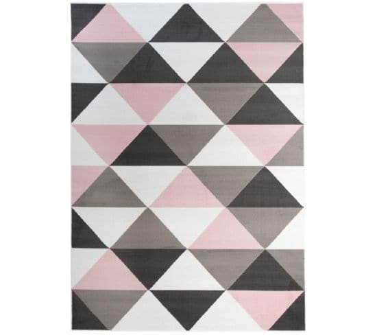Tapis De Chambre Enfant Rose Gris Blanc Noir Triangles Doux Fin Pinky 200x300