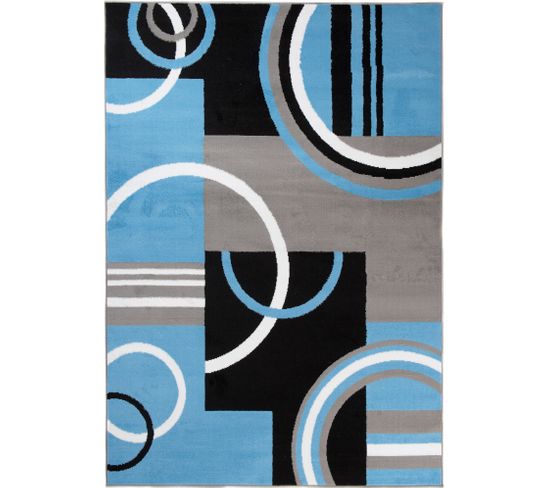 Tapis Salon Rectangle Bleu Gris Noir Géométrique Maya 220x300