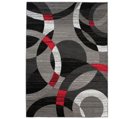 Tapis De Salon Chambre Design Moderne Gris Noir Rouge Cercles Moucheté Fin Maya 250x300