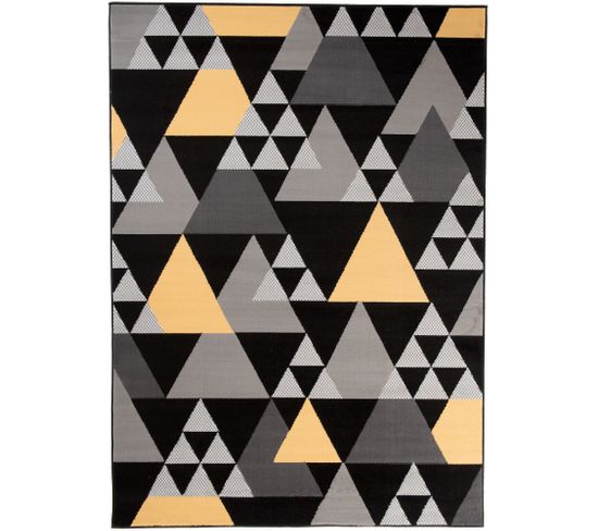 Tapis Salon Chambre Moderne Jaune Gris Noir Triangles Géométrique Fin Maya 160 X 230 Cm