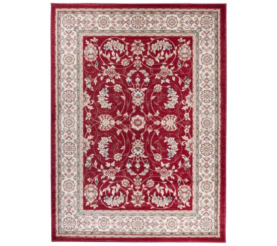 Tapis Salon Oriental Rouge Crème Gris Fleuri Fin 60x100 Colorado