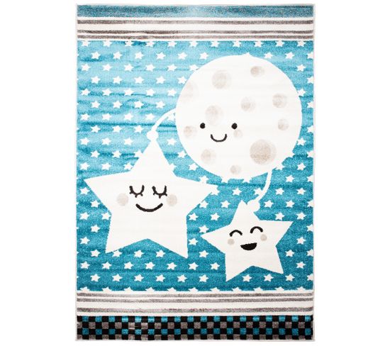 Tapis Chambre Enfant Bleu Crème Gris Noir Étoiles Lune 120 X 170 Cm