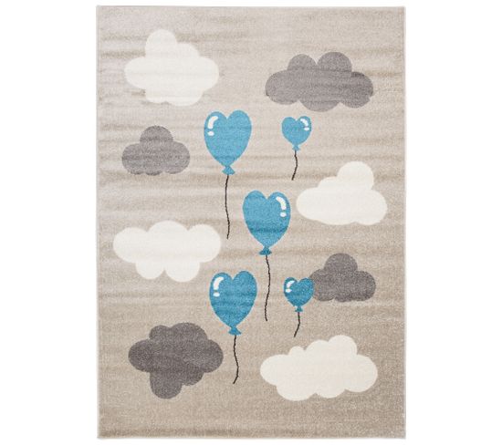 Tapis Chambre Enfant Design Bleu Beige Crème Ballon Coeur 133 X 190 Cm