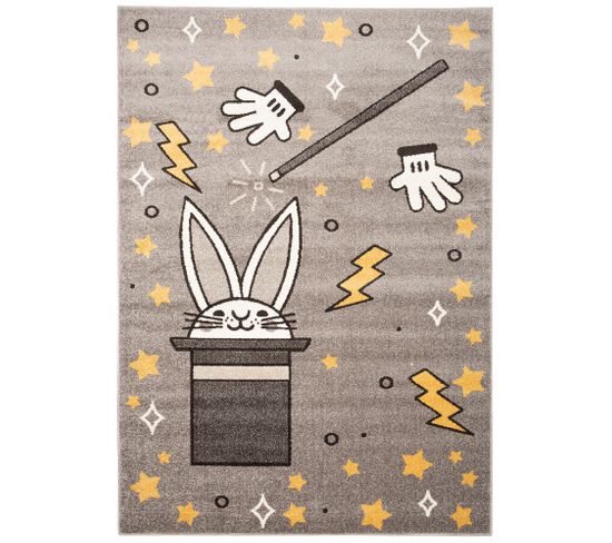 Tapis Chambre Enfant Gris Jaune Noir Blanc Lapin Chapeu Magique 133 X 190 Cm