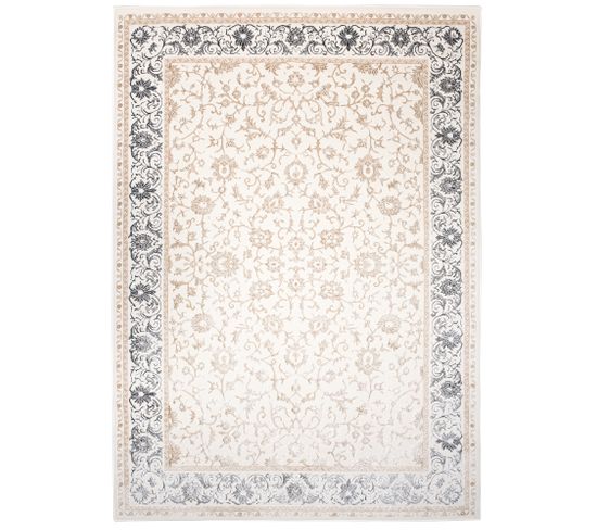 Tapis Salon Chambre Brillant Crème Beige Gris Vintage Floral Bordé Effet 3d Oeko-tex 160x230 cm