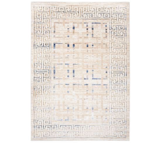 Tapis Salon Chambre Brillant Crème Beige Bleu Vintage Grec Géométrique Effet 3d Oeko-tex 160x230 cm