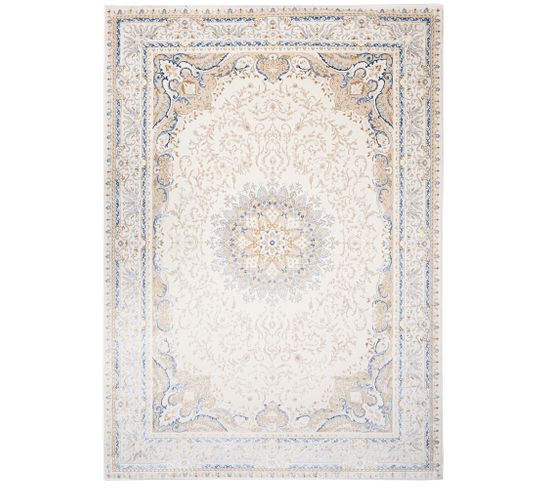 Tapis Salon Chambre Brillant Crème Beige Bleu Vintage Floral Effet 3d Oeko-tex 160x230 cm