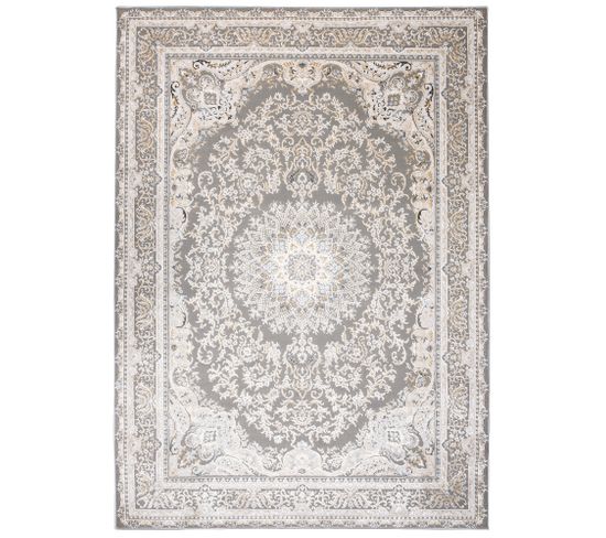 Tapis Salon Chambre Brillant Gris Crème Beige Vintage Rosace Moucheté Effet 3d Oeko-tex 80x150 cm