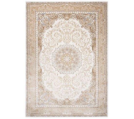 Tapis Salon Chambre Brillant Crème Beige Marron Vintage Rosace Moucheté Effet 3d Oeko-tex 80x150 cm