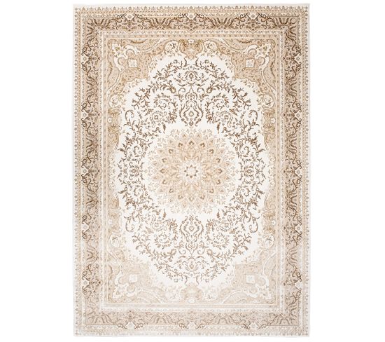 Tapis Salon Chambre Brillant Crème Marron Beige Vintage Rosace Moucheté Effet 3d Oeko-tex 140x200 cm