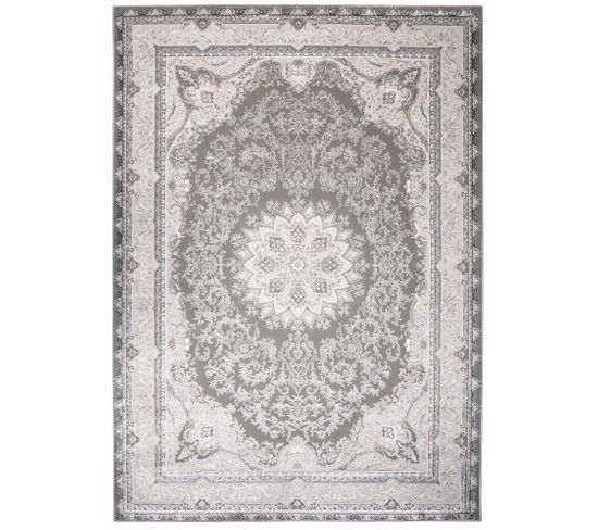 Tapis Salon Chambre Brillant Gris Beige Crème Vintage Rosace Moucheté Effet 3d Oeko-tex 140x200 cm