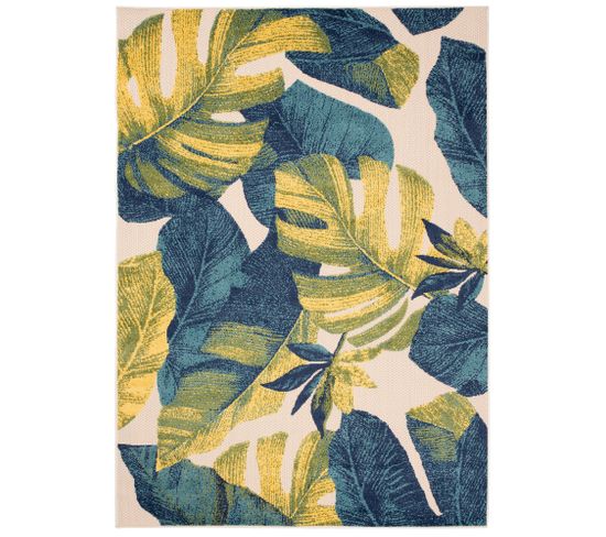 Tapis Extérieur Intérieur Vert Bleu Jaune Crème Feuilles 200x300 cm