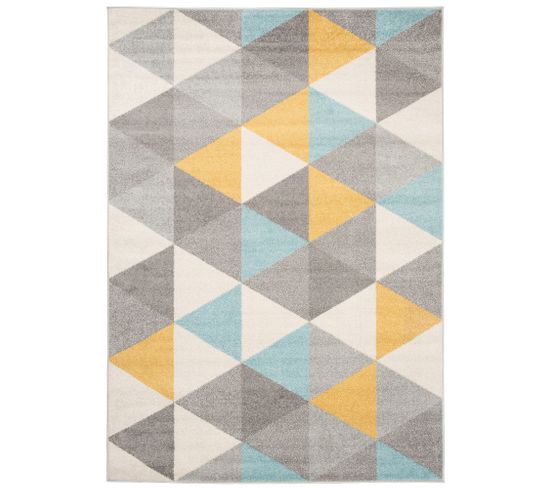 Tapis Salon Chambre Turquoise Gris Crème Jaune Triangles 200 X 290 Cm Lazur