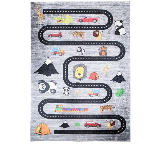 Tapis Enfant Bébé Noir Multicolore Route Animaux Fin 120x170 cm Emma