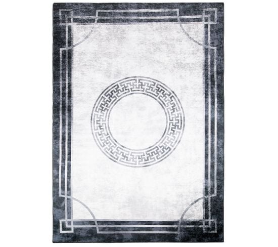 Tapis De Salon Moderne Graphite Gris Motif Grec Bordure Imprimé Antidérapant Franges 80x150