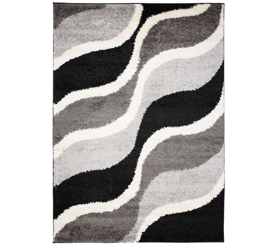 Tapis Salon Chambre Noir Gris Blanc Ondes Abstrait Moelleux 240x330 cm