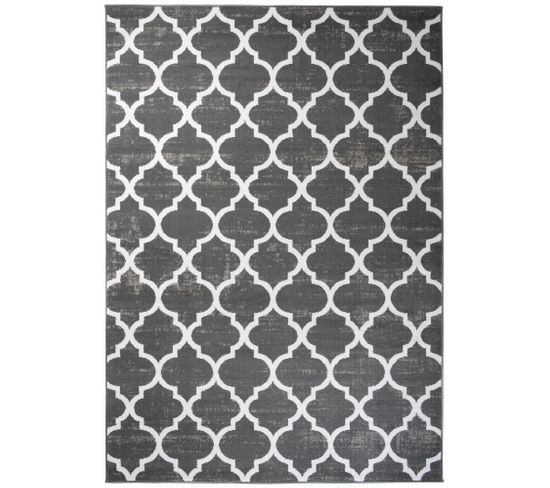 Tapis Salon Moderne Gris Foncé Blanc Marocain Géométrique Treillis Fin 120x170 cm