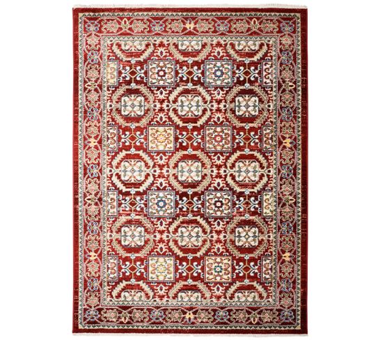 Tapis Salon Rouge Crème Bleu Beige Vert Floral Franges Fin 160x225cm