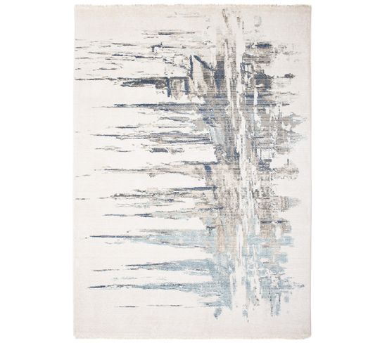 Tapis Salon Crème Bleu Beige Gris Abstrait Franges Fin 200x305cm