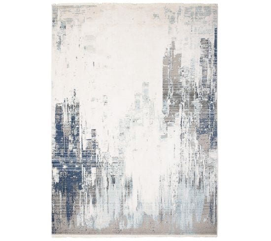 Tapis Salon Crème Beige Bleu Ciel Gris Bleu Foncé Abstrait Franges Fin 160x225cm