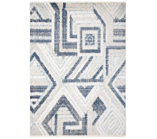 Tapis Salon Beige Bleu Marine Crème Gris Géométrique Franges Fin 120x170 cm