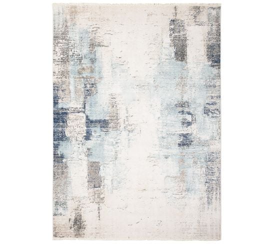 Tapis Salon Crème Beige Bleu Gris Bleu Foncé Abstrait Franges Fin 120x170 cm