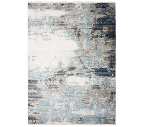 Tapis Salon Crème Gris Bleu Ciel Bleu Foncé Abstrait Franges Fin 120x170 cm