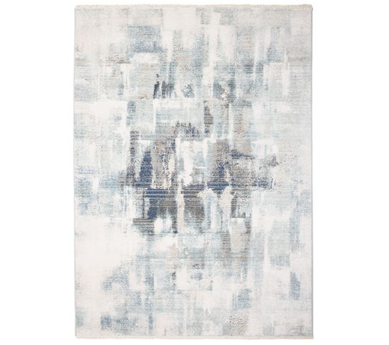 Tapis Salon Bleu Clair Crème Beige Gris Bleu Foncé Abstrait Franges Fin 160x225cm