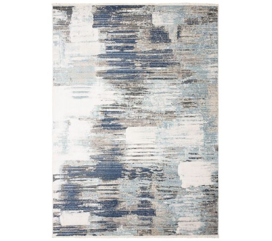 Tapis Salon Bleu Foncé Crème Gris Beige Bleu Abstrait Franges Fin 200x305cm