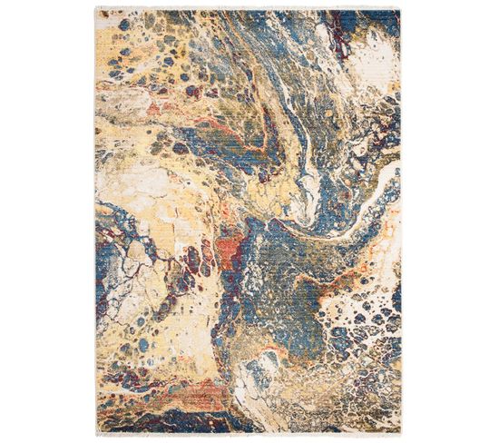 Tapis Salon Chambre Beige Bleu Foncé Cuivre Crème Abstrait Franges Fin 200x305cm